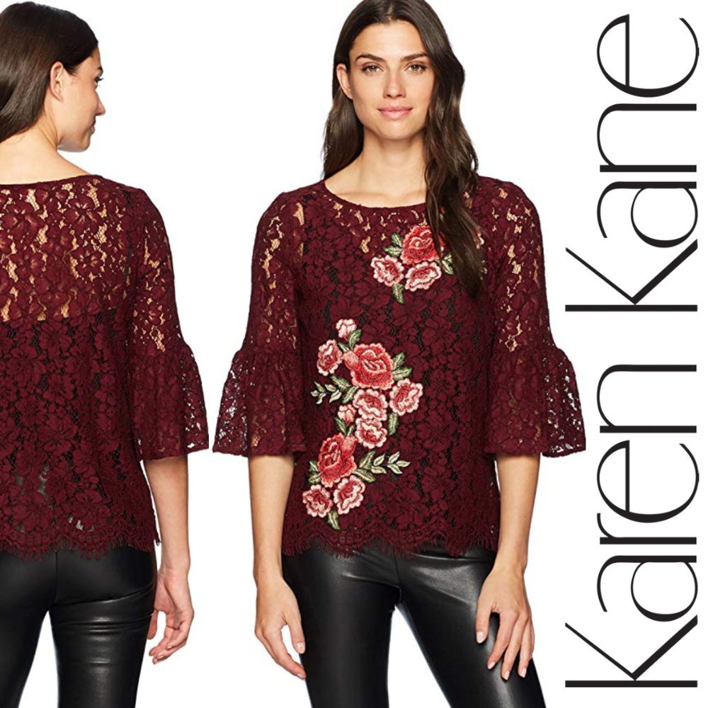 Karen Kane Lace Embellished Bell Sleeve Top NWOT